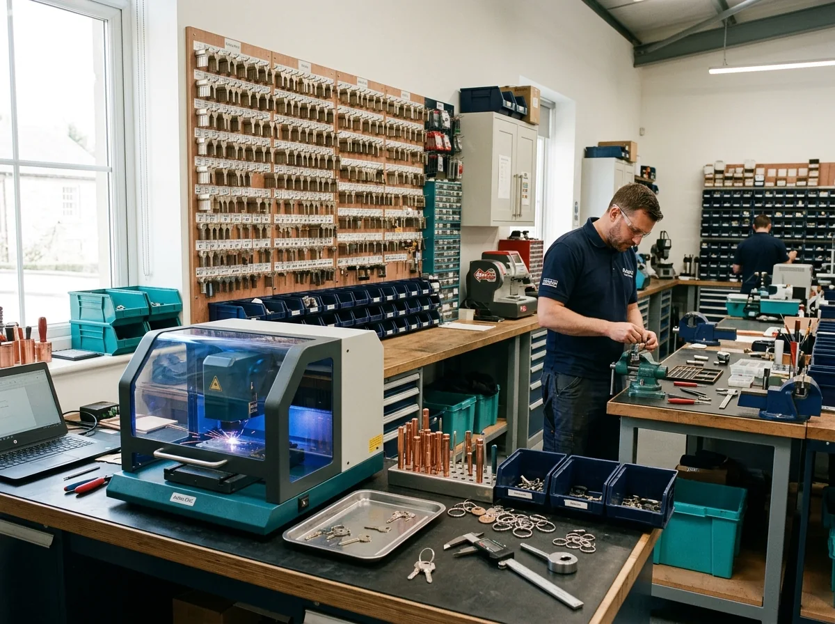 Locksmith working with a key-cutting machine and rekeying tools