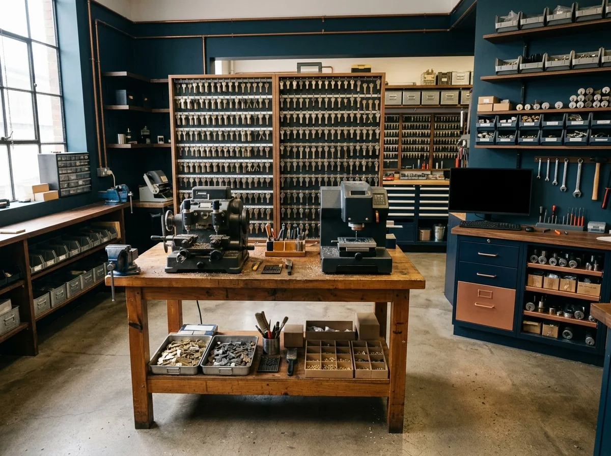 Locksmith research bench with locks, keys, and code equipment