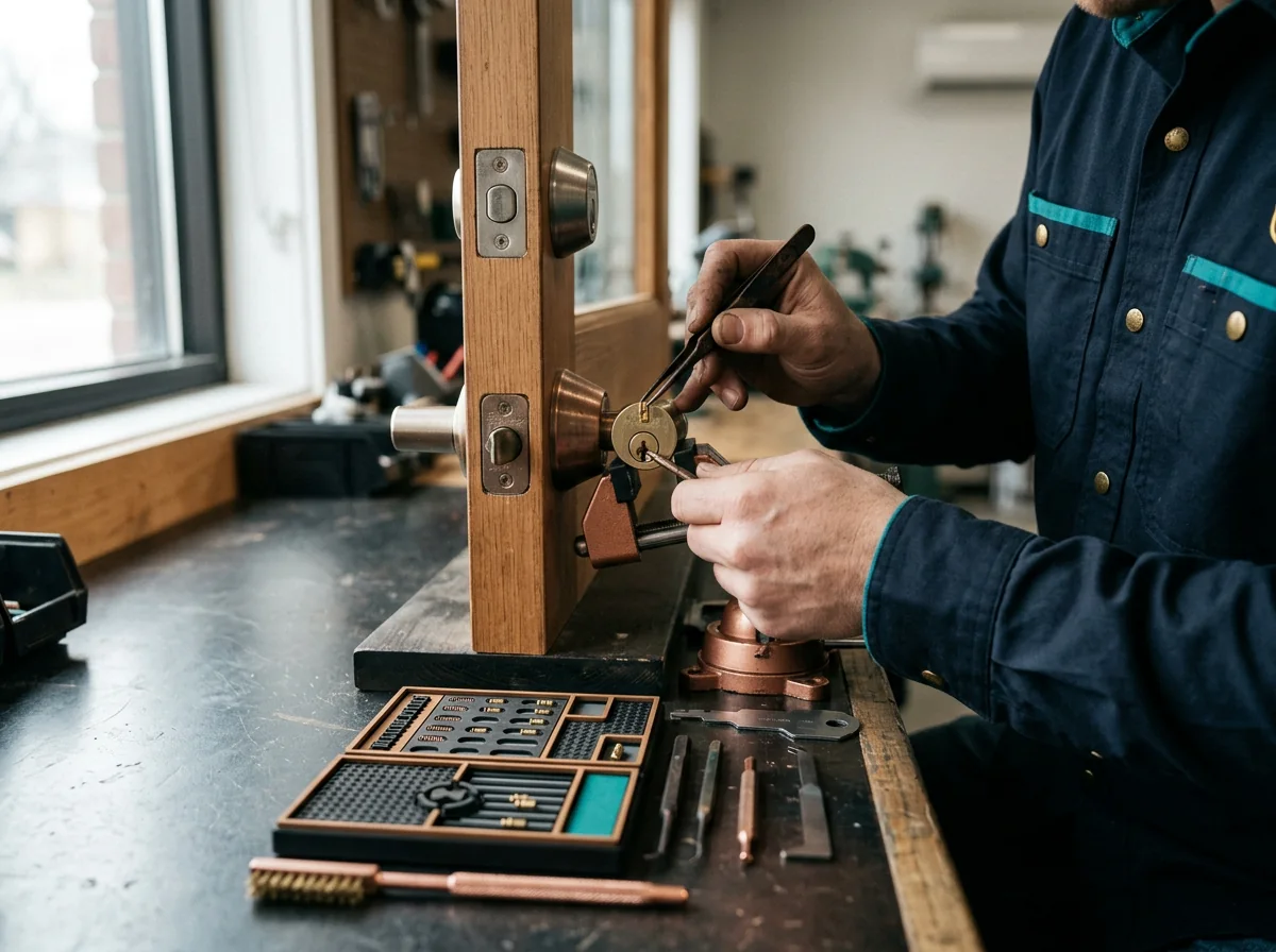 Residential locksmith inspecting a home deadbolt