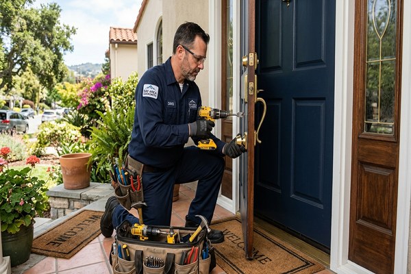 Residential locksmith working deadbolt at San Bruno home